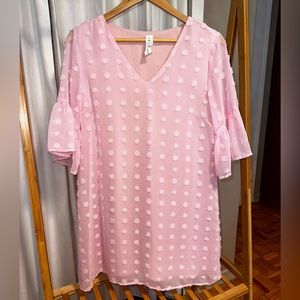 Blooming Jelly Pink Swiss Dot Ruffle Sleeve V-Neck Dress Size M NWOT